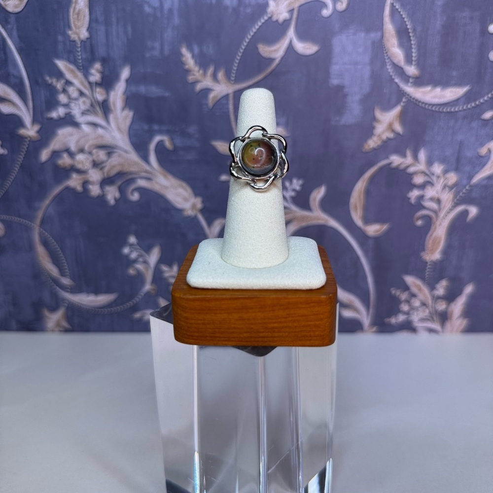 Vintage Estate Silver Toned Flower Adjustable Ring with Stone Size 6 Lot D63